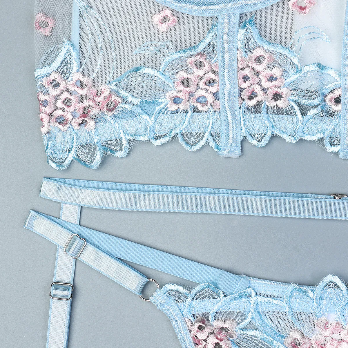Wholesale Flower Embroidery Underwear Set Sexy See-Through Mesh Woman Lingerie