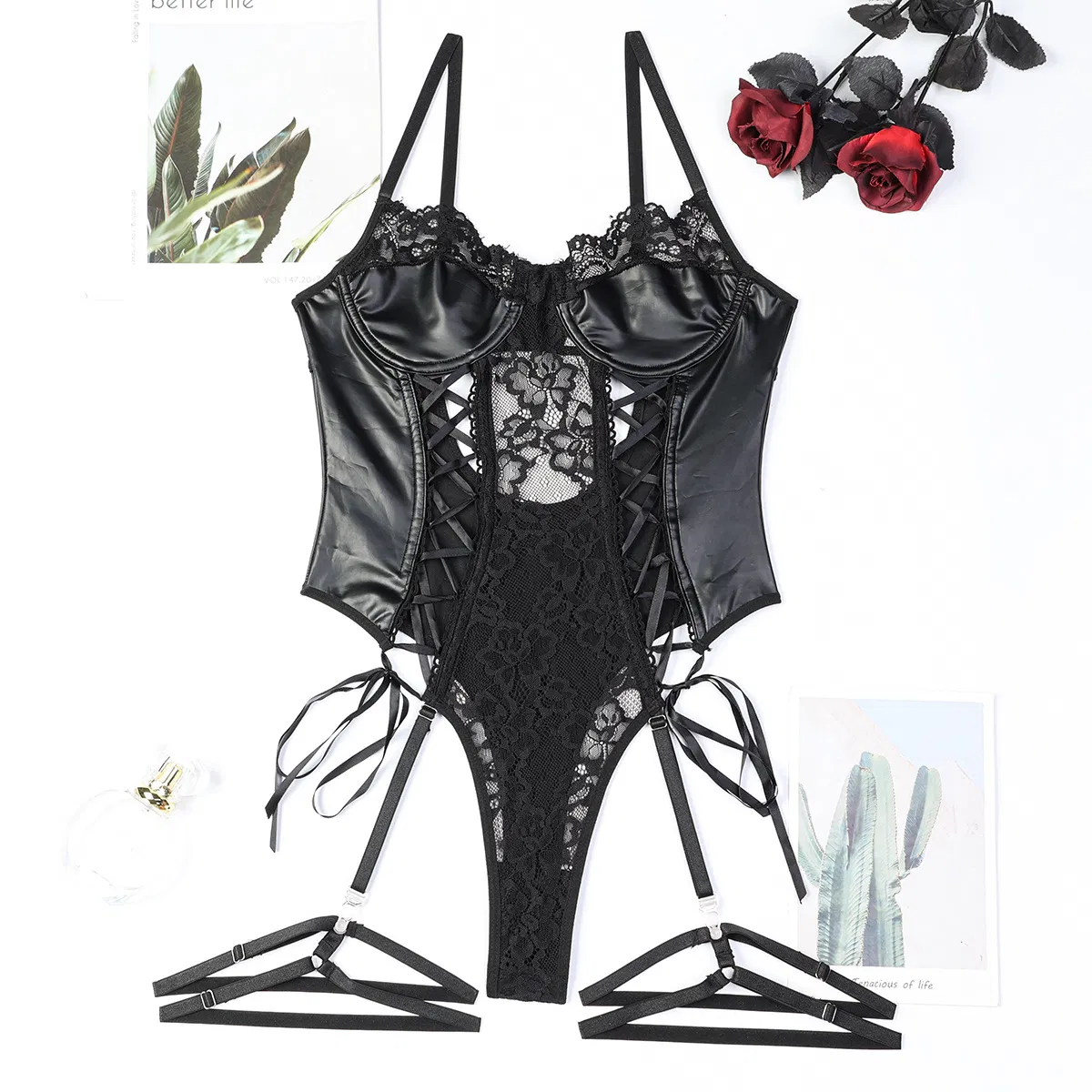 Wholesale Sexy PU Transparent Underwear Set Hot Erotic Bondage One Piece Lingerie