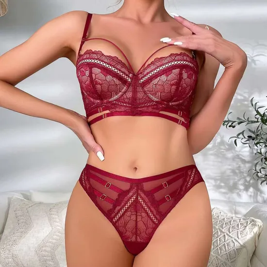 Wholesale French Hollow out Embroidery Lace Trim Sexy Breathable Ultra-Thin Gathering Bra Set Underwear Lingerie