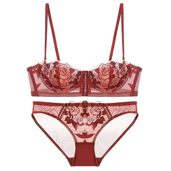 Wholesale Sexy French Ultra-Thin Set Rose Embroidery Lace for Women Bra Underwear Lingerie