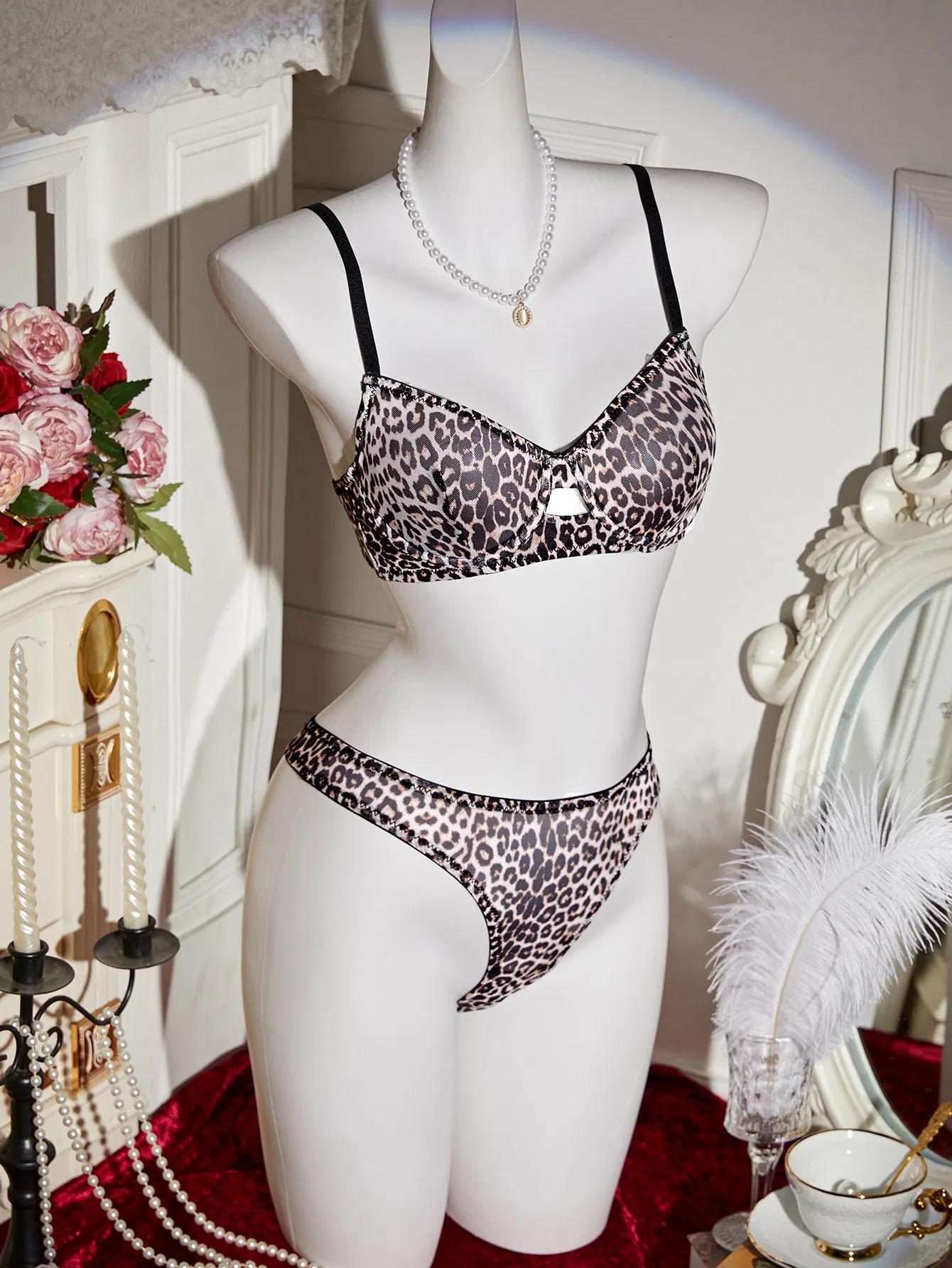 Wholesale Transparent Leopard Print Two-Piece Bra Set Sexy Thin Woman Lingerie