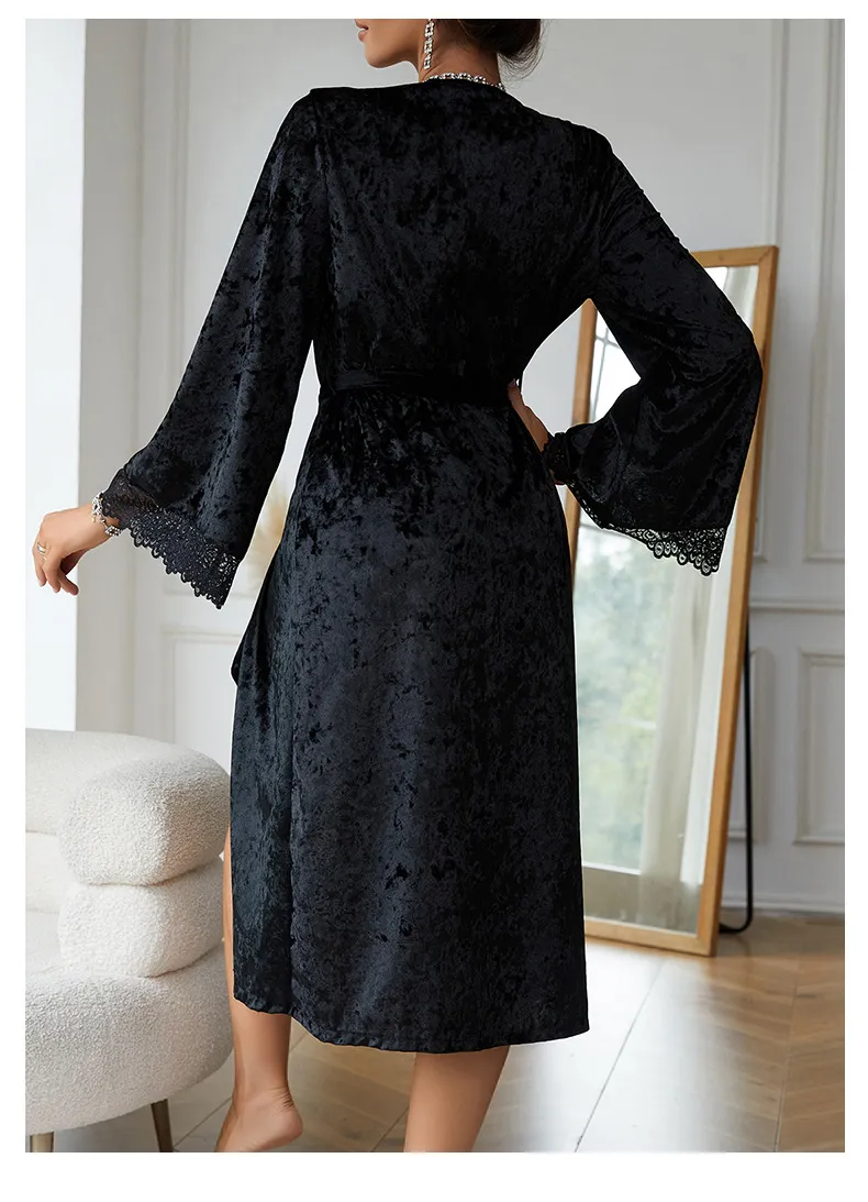 Wholesale Long-Sleeved Sleepwear Nightwear Sexy Microfiber Lace Woman's Robe