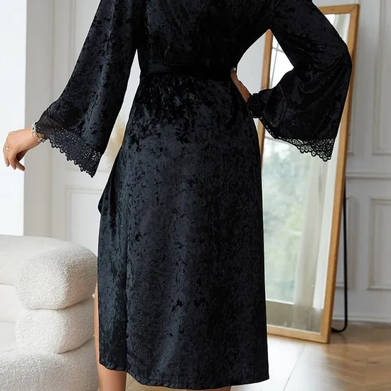 Wholesale Long-Sleeved Sleepwear Nightwear Sexy Microfiber Lace Woman's Robe