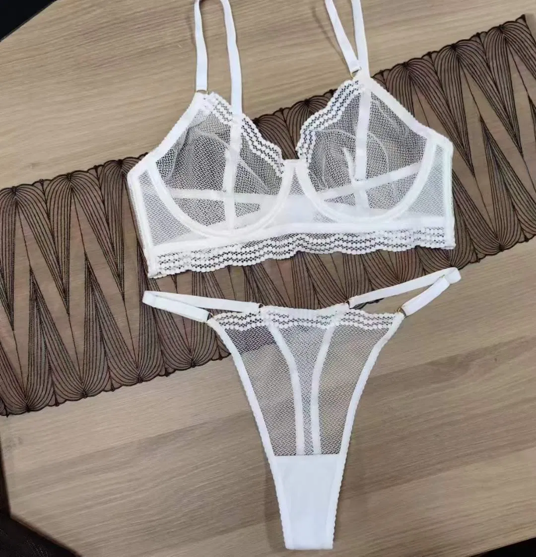 Transparent Mesh Hollow out See-Through Halter Neck Bra Set Ultra-Thin Seduction Sexy Breathable Lingerie Underwear