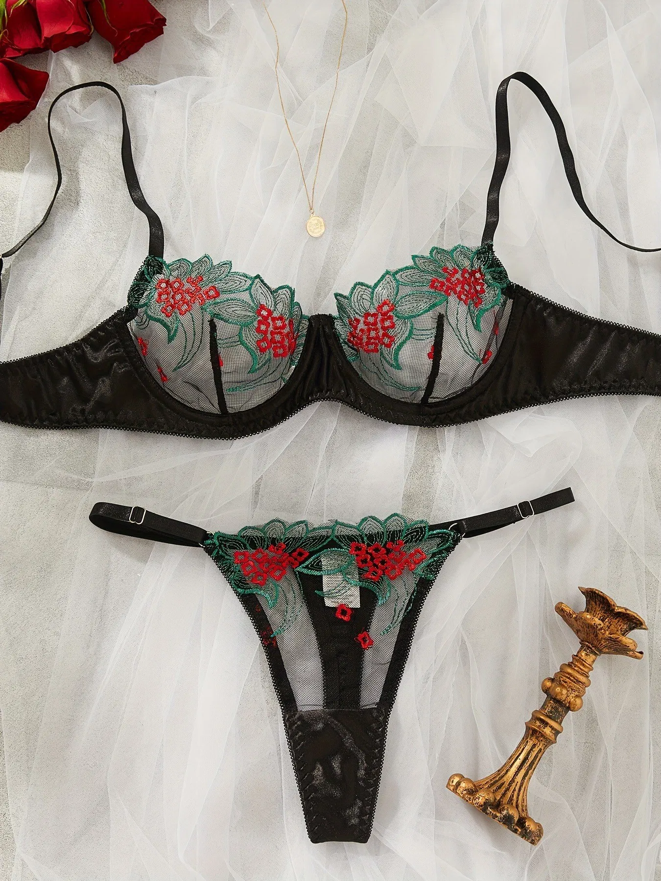 French Ultra-Thin Embroidered Hollow out See-Through Mesh Underwear Set Bra Sexy Lingerie