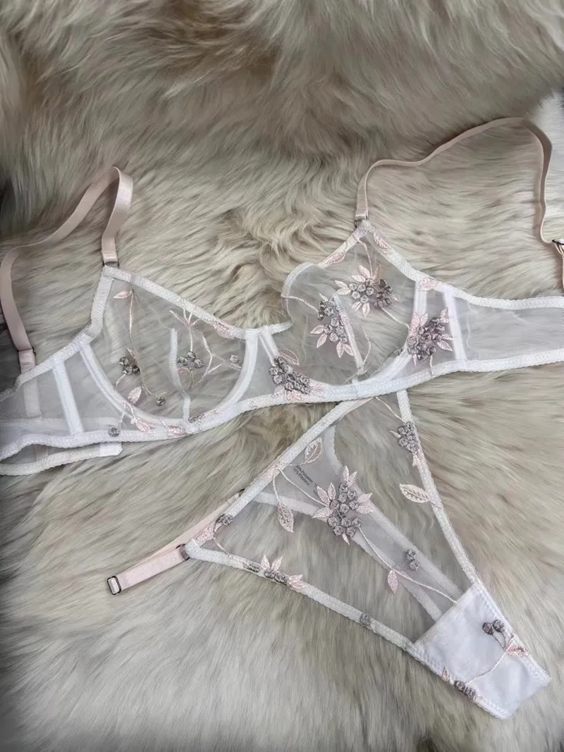 Embroidery Lace Trim Sexy Breathable Bra Erotic See-Through Mesh for Women Soft Underwear French Ultra-Thin Set Lingerie