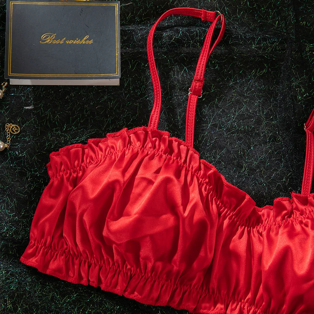 Sexy Two Piece Woman Bra Set Wholesale Solid Color Satin Luxury Lingerie