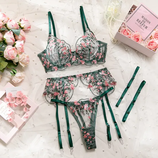New Flower Embroidery Bra Brief Set Sexy High Quality See-Through Mesh Woman Lingerie