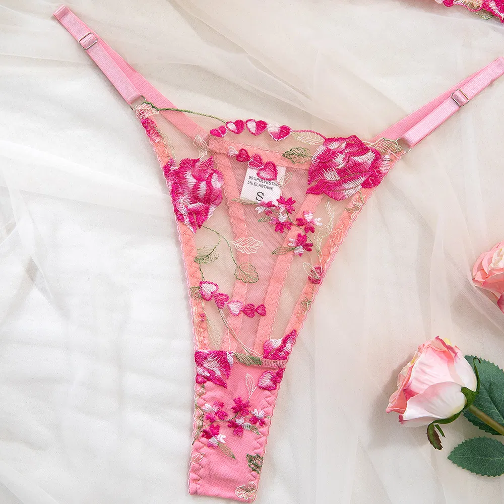 Wholesale Fishbone Transparent Mesh Bra Set Sexy Flower Embroidered Thin Woman Lingerie