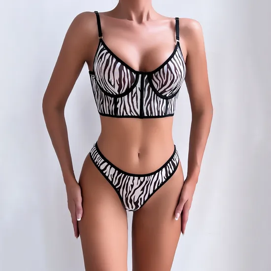 Sexy Fish Bone Contrast Zebra Woman Bra and Thong Set Hot Selling See-Through Mesh Lingerie