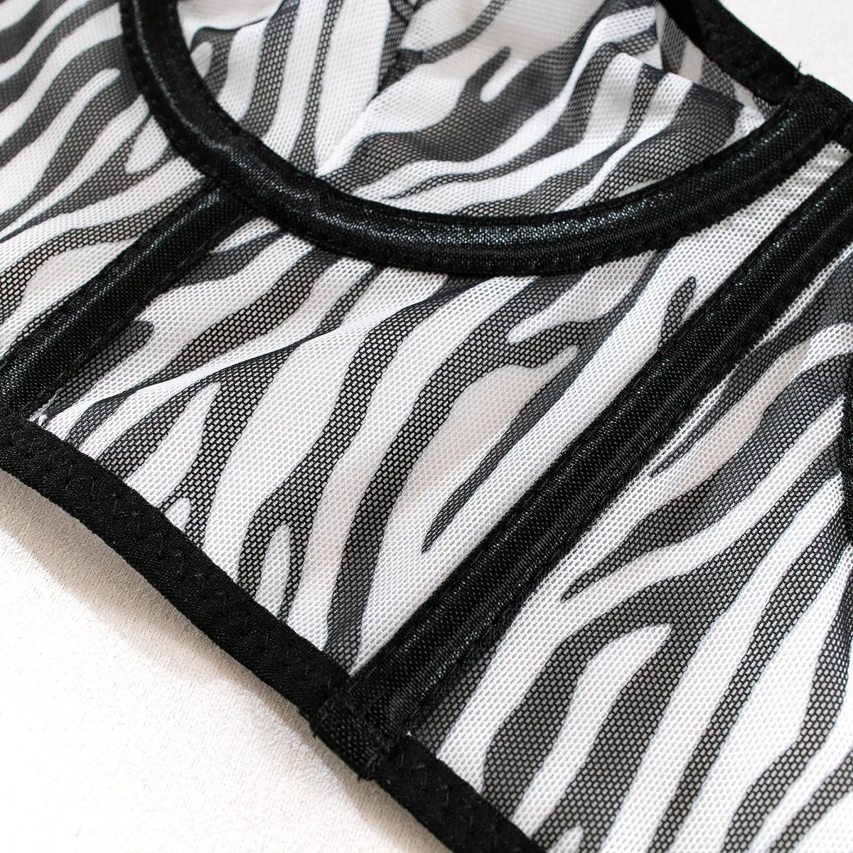 Sexy Fish Bone Contrast Zebra Woman Bra and Thong Set Hot Selling See-Through Mesh Lingerie