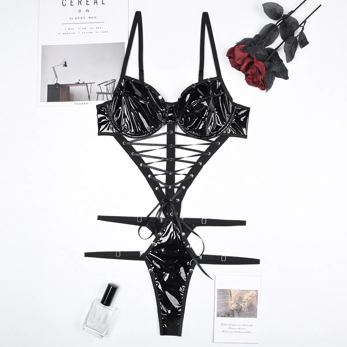 Wholesale Cross Strap One-Piece Underwear Set for Women Sexy Hollow out PU Lingerie