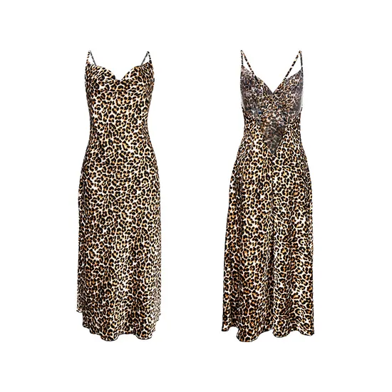 Sexy V-Neck Leopard Print Cross Strap Dresses Nightdress Wholesale Long Sleepwear Nightwear