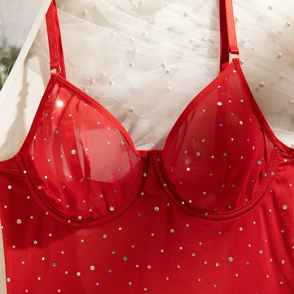 Sexy Transparent Flash Mesh Woman Bra Set with Gloves Wholesale Solid Color Ultral-Thin Lingerie