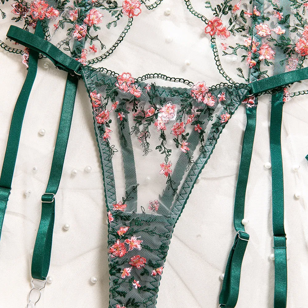 New Flower Embroidery Bra Brief Set Sexy High Quality See-Through Mesh Woman Lingerie