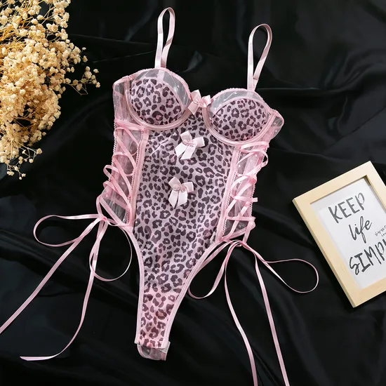 New Style Pink Leopard Print Women Bra Set Sexy Bow Tie One Piece Lingerie