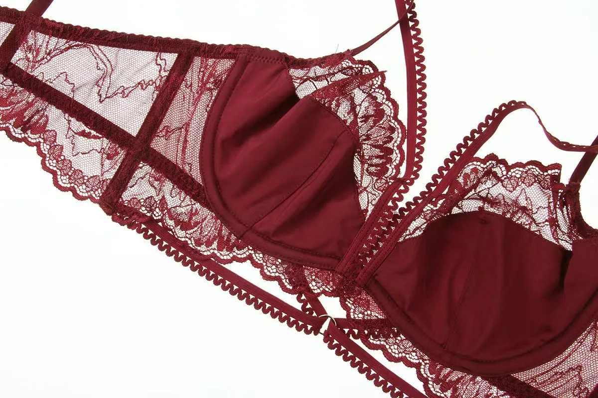 New Style French Transparent Embroidery Lace Trim Breathable Ultra-Thin for Women Soft Bra Underwear Sexy Lingerie Set