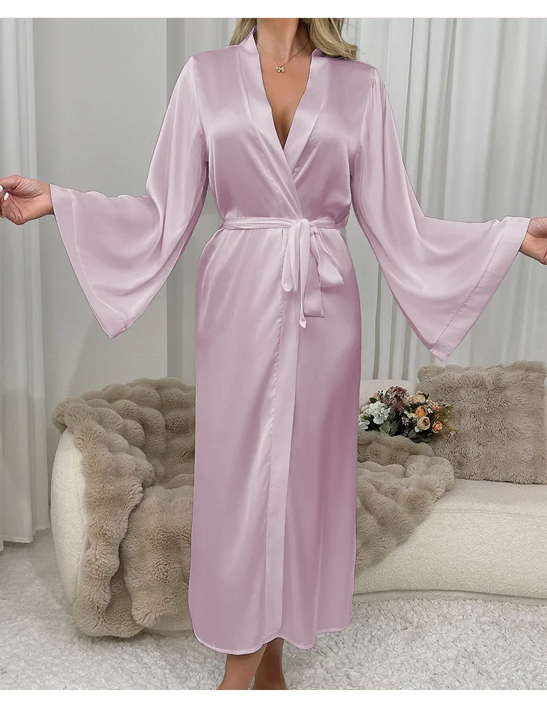 Wholesale Solid Color Satin Sleepwear Sexy Long Sleeve Woman Silk Night Robe