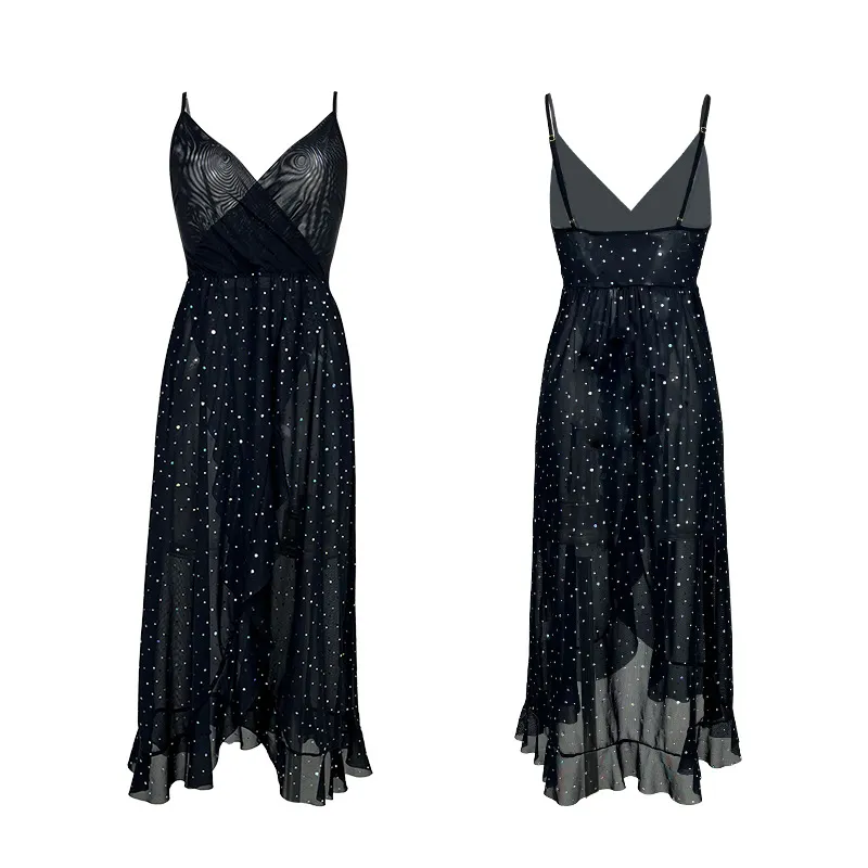 Wholesale Dress See-Through Rhinestone Nightgown Dresses Sexy V-Neck Nightwear