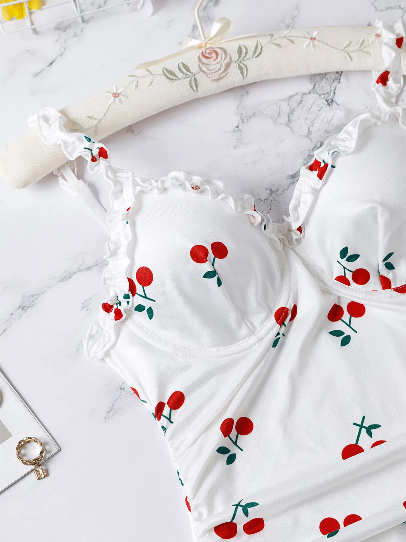 New Cherry Breathable Women's Bra Set Sexy Erotic Quick Dry Long Dress Lingerie