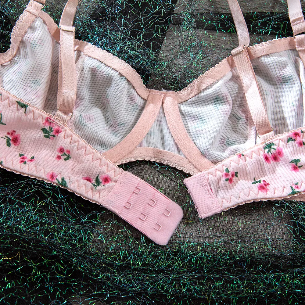 New Fashion Floral Print Two-Piece Bra Set Sexy See-Through Women Lingerie