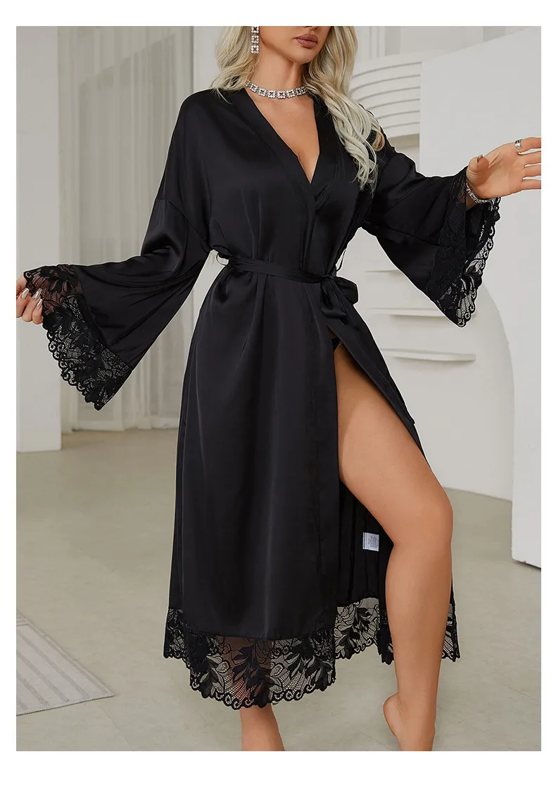 Wholesale Luxury Satin Long-Sleeved Women Sleepwear Nightwear Sexy V-Neck Lace Bath Robe