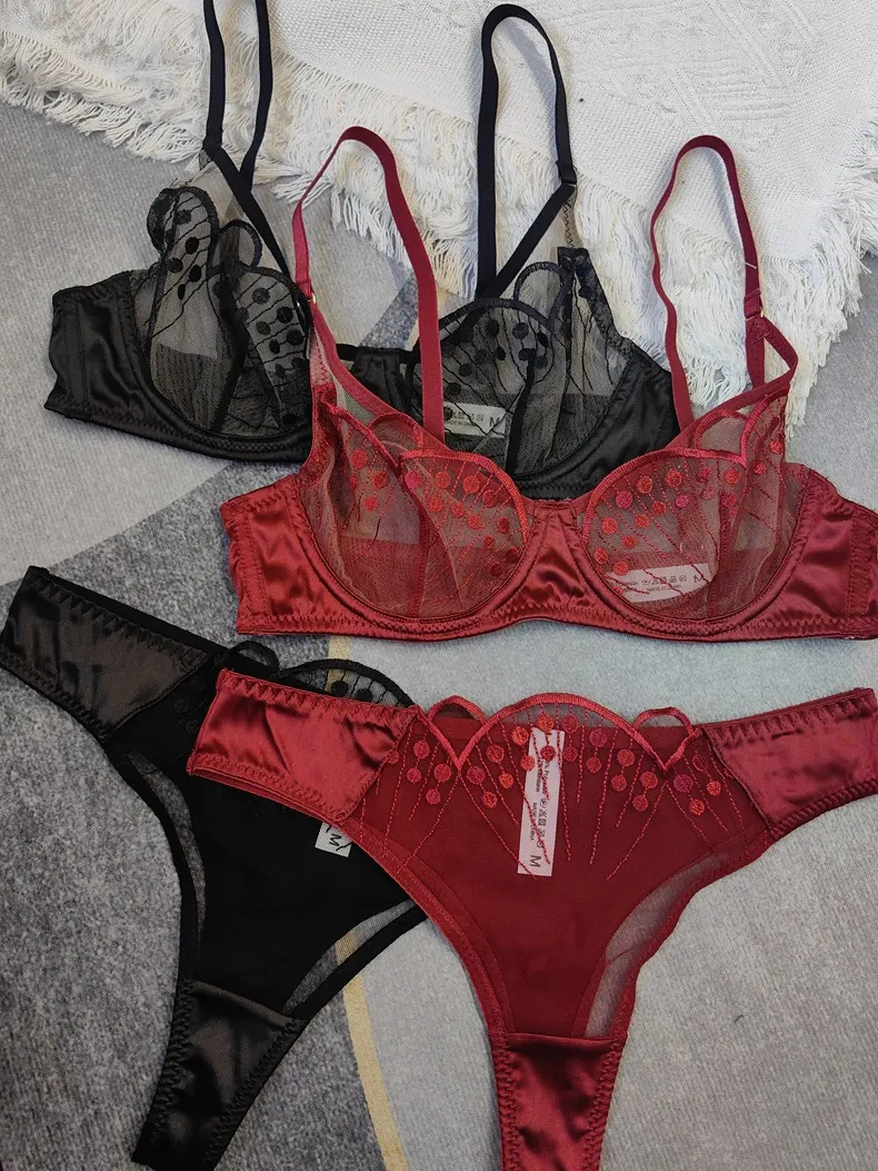 French See-Through Jacquard Lace Ultra-Thin Romantic Seduction for Women Soft Sexy Bra Underwear Set Lingerie