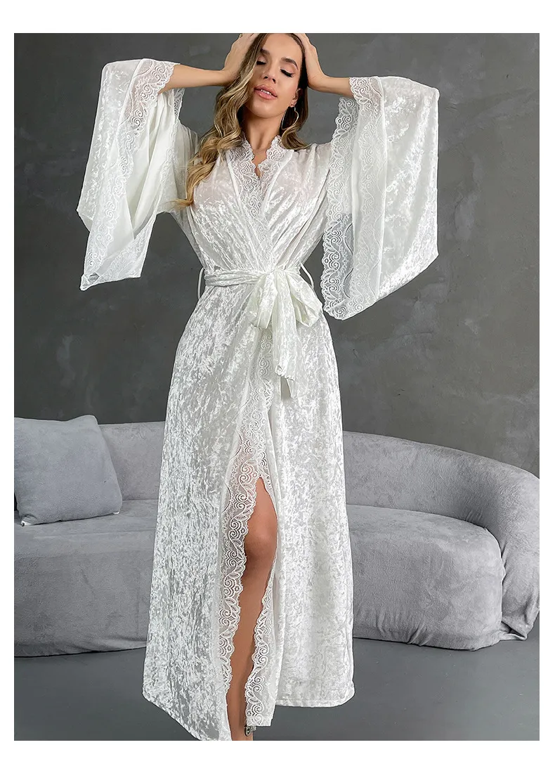 Sexy Luxury Sleepwear Nightwear Wholesale Velvet Lace Long Sleeve Woman Bath Robe