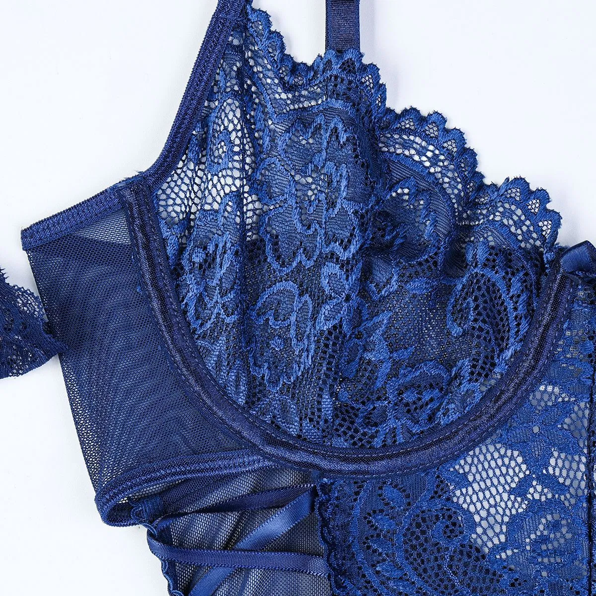 Sexy Perspective Embroidery Lace Bra Set with Stocking New Fashion One-Piece Women Lingerie
