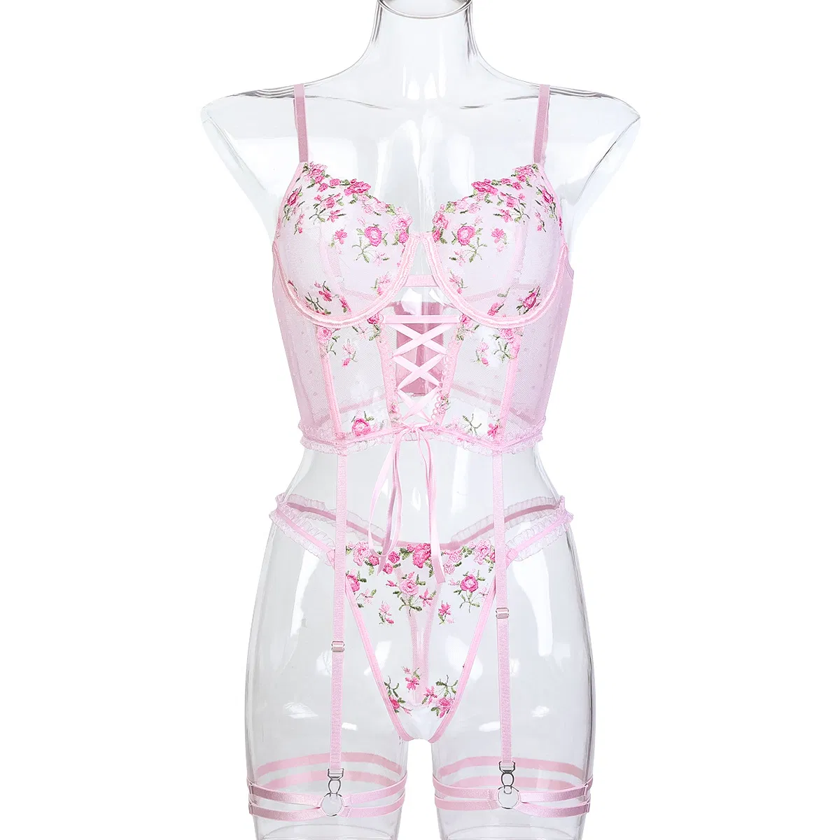 Wholesale Embroidered Floral Fish-Bone Woman Underwear Set Sexy See-Through Cross Strap Lingerie