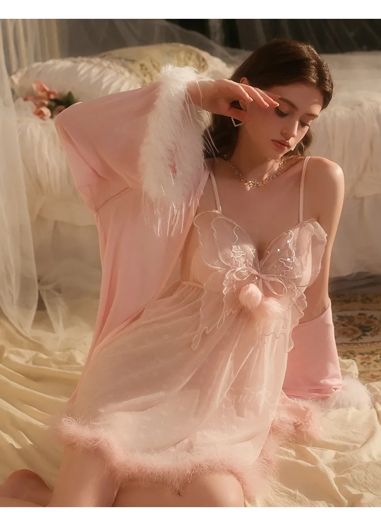 Sexy See-Through Mesh Nightgown Dress and Robe Hot Sell Embroidered Lace Women's Nightwear