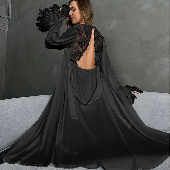 Wholesale V Neck Luxury Satin Sleepwear Sexy Long Sleeve Feather Cuff Women's Robe