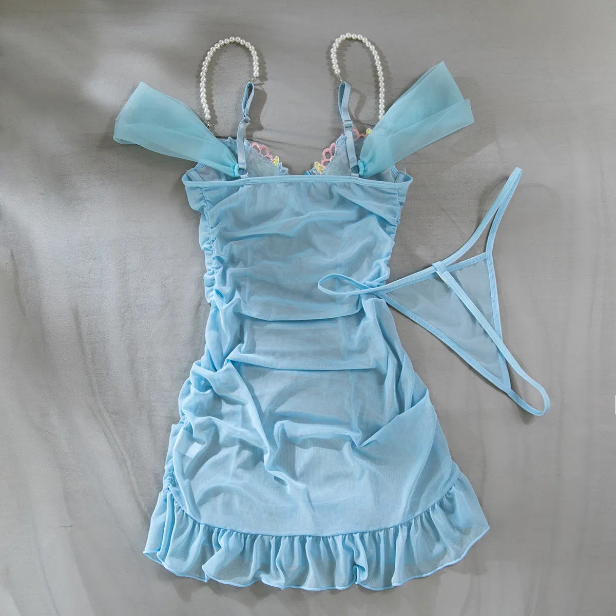 Sexy Ultral-Thin Short Skirt Underwear Set Wholesale Mesh See-Through Pearl Straps Lingerie