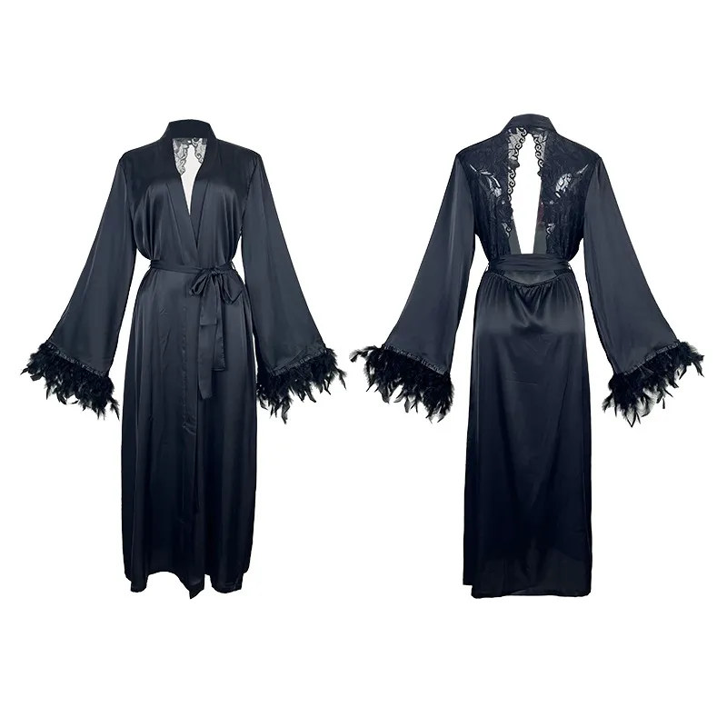 Wholesale V Neck Luxury Satin Sleepwear Sexy Long Sleeve Feather Cuff Women's Robe
