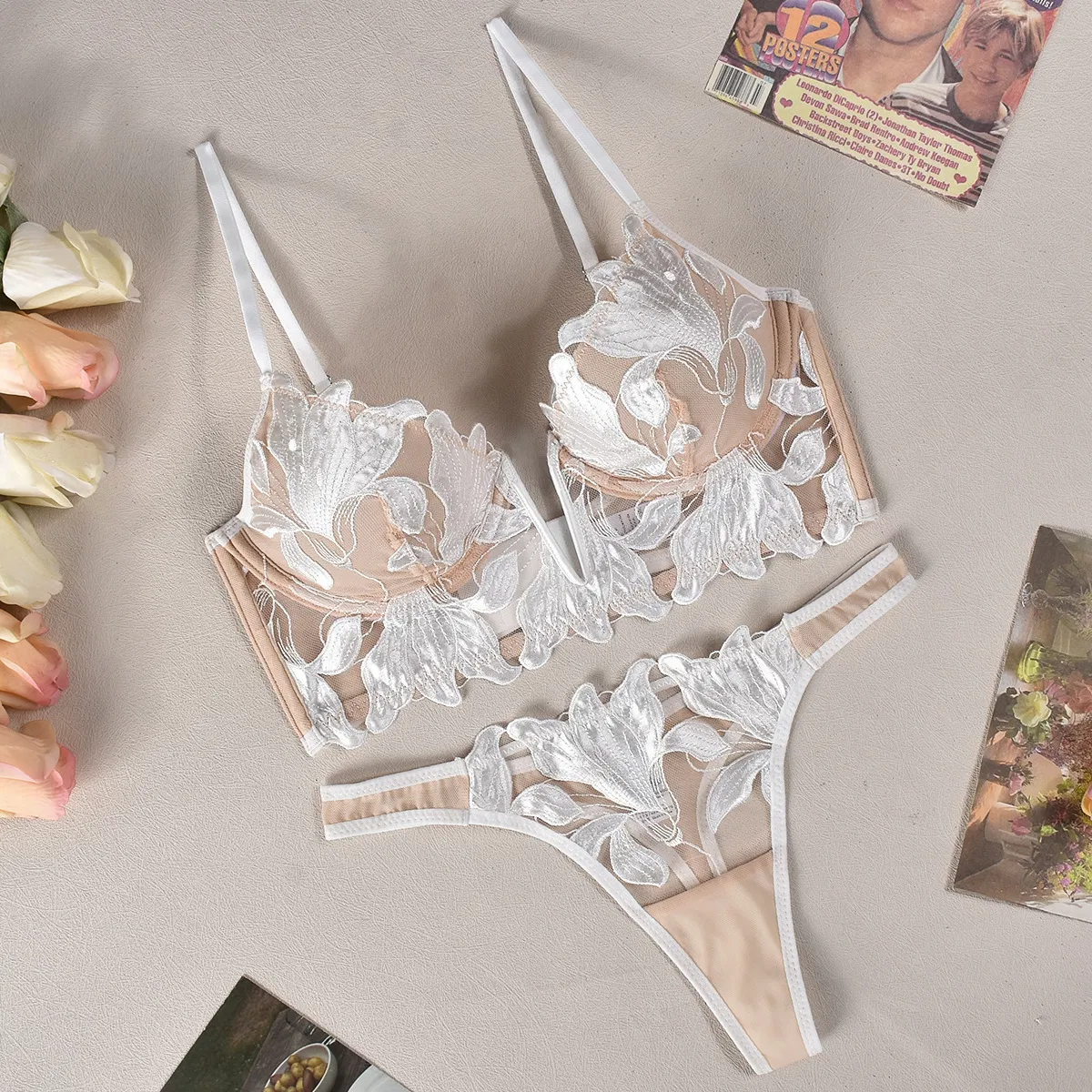 Wholesale French Deep V Embroidery Patchwork Mesh Lace Ultra-Thin Bra Set Underwear Sexy Lingerie