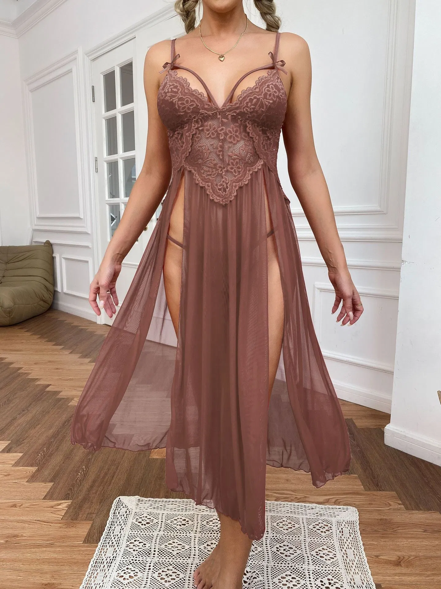 Sexy See Through Mesh Long Lingerie Women Sleepwear Hot V-Neck Embroidered Lace Nightwear