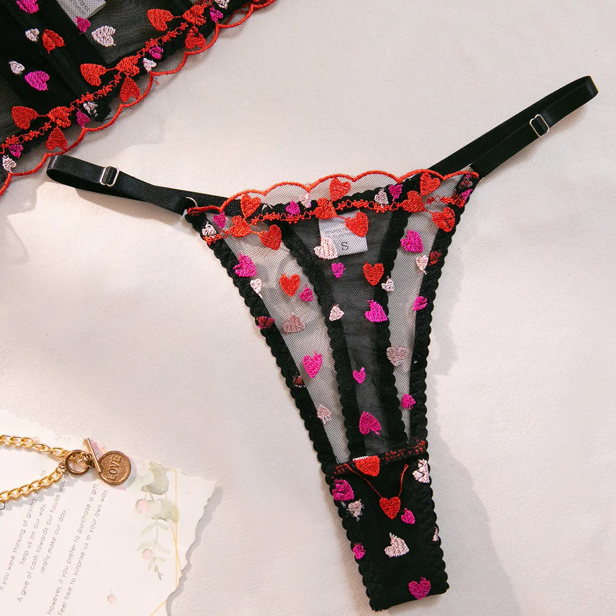 Sexy Fishbone Heart-Shaped Embroidery 2 PCS Underwear Set Wholesale Transparent Mesh Lingerie