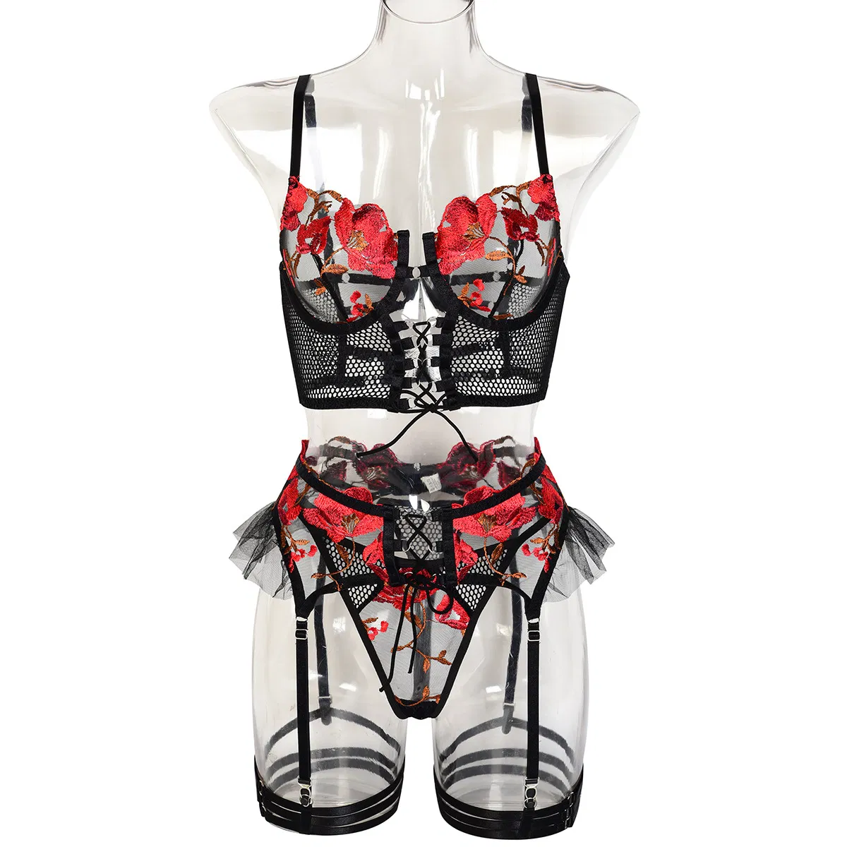 Sexy Flower Embroidery Contrast Color Underwear Set for Woman Wholesale Transparent Mesh Lingerie