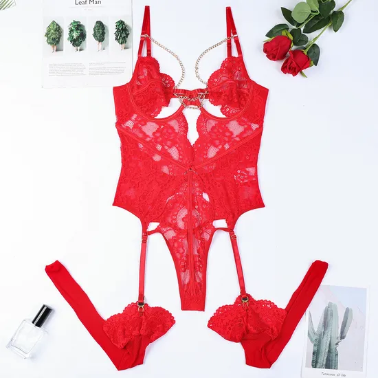 Wholesale Hollow out One Piece Underwear Set for Woman Sexy Embroidery Transparent Lingerie