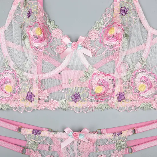 Wholesale Floral Embroidery See-Throug Underwear Set for Woman Sexy Fishbone Lingerie