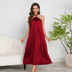 Wholesale Hanging Neck Backless Women's Nightwear Sexy Solid Color Satin Sleepwear