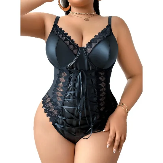 Wholesale PU Plus Size One-Piece Underwear Set for Woman Sexy Adjustable Straps Lingerie