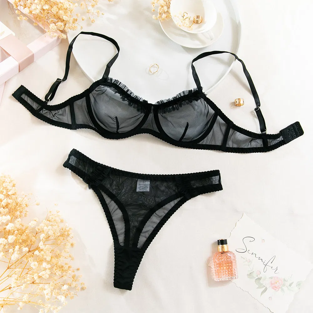 Sexy Perspective Mesh Ruffled Lace Woman Bra Set Hot Sale Solid Color 2 Pieces Lingerie