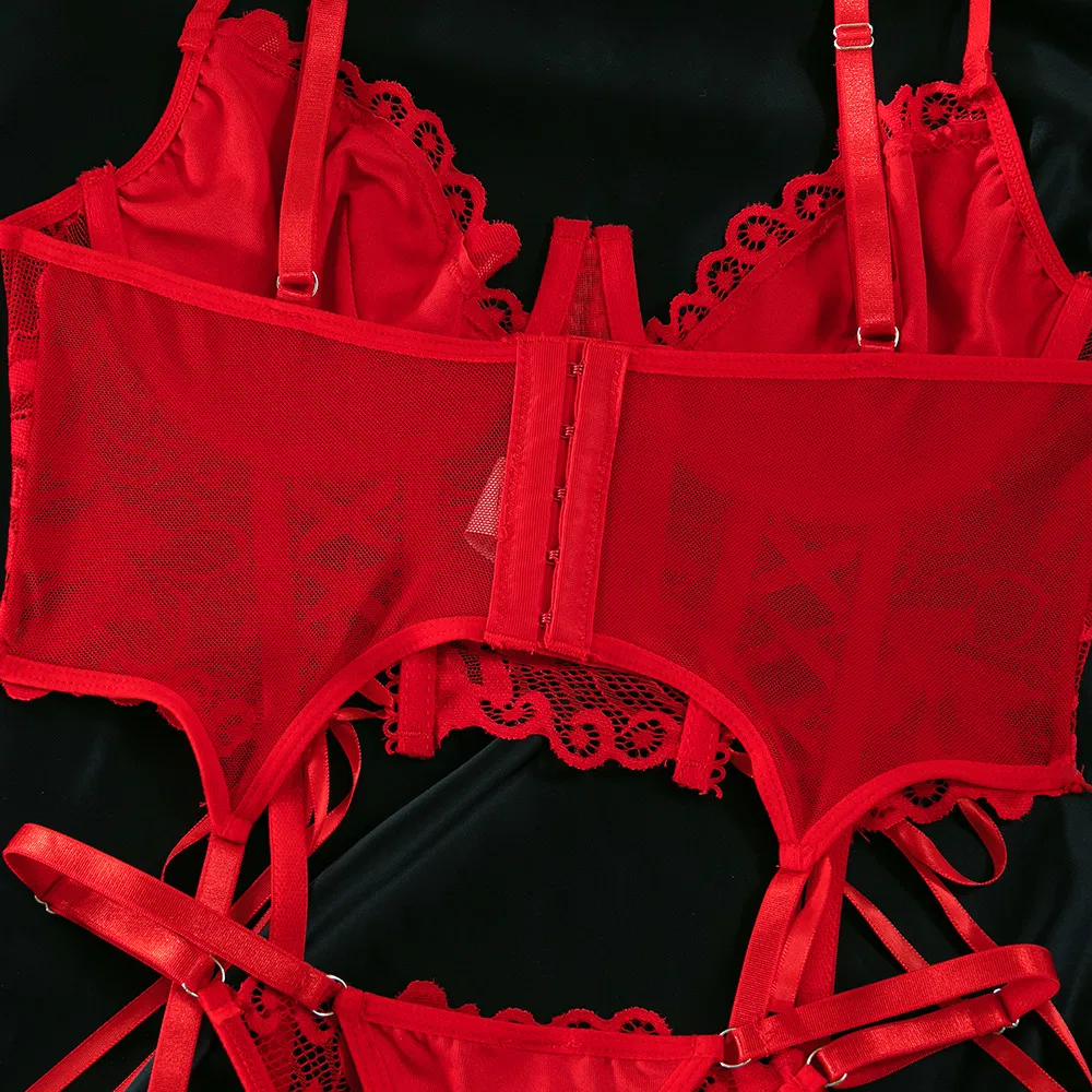Hot Solid Color Fish-Bone Women Bra Set Sexy Erotic Strap Cross Embroidered Lingerie