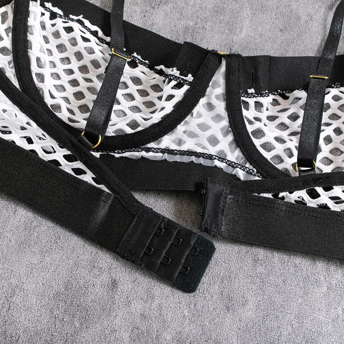 Sexy Perspective Fishnet Mesh Woman Underwear Set Wholesale Ring Neck Hollow out Lingerie