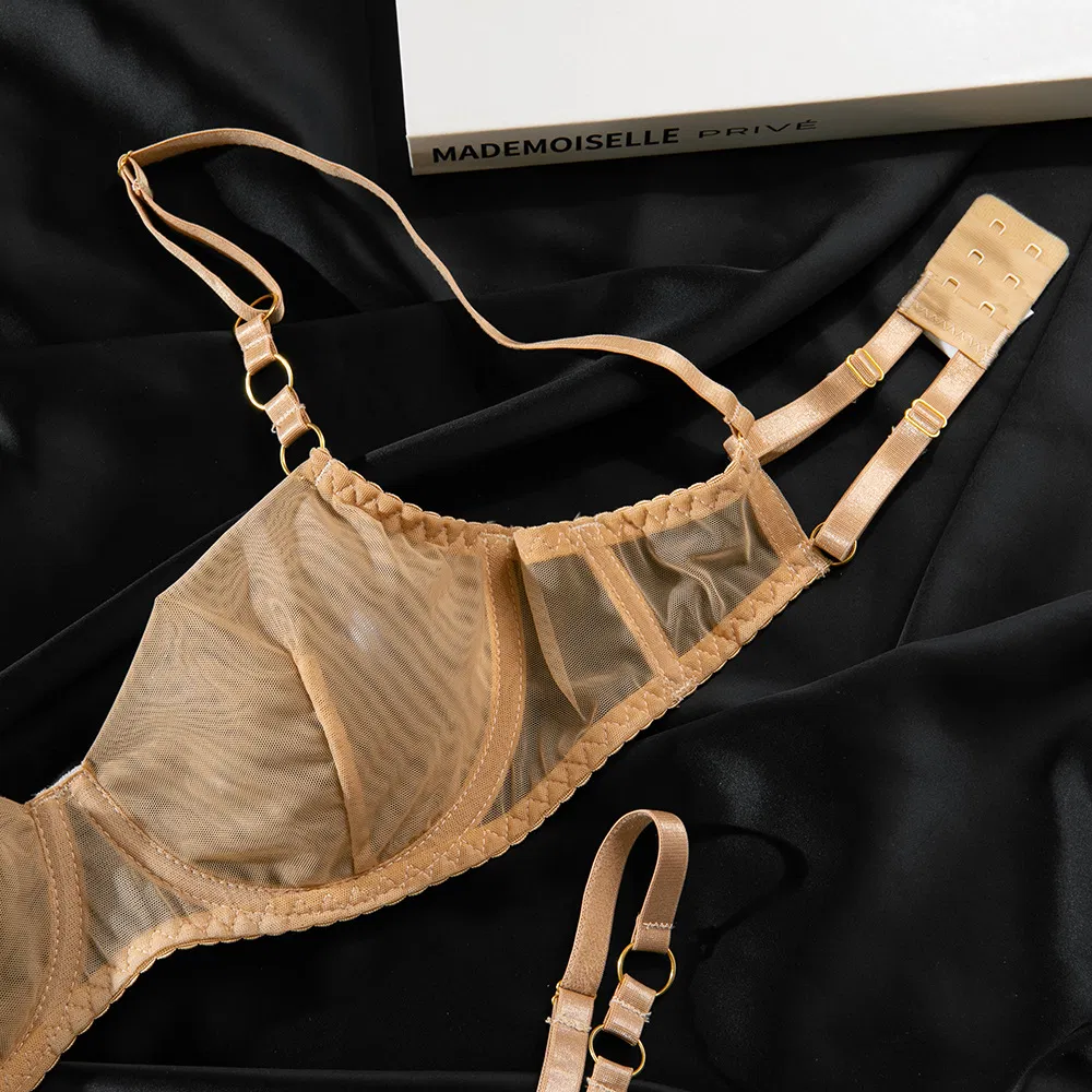 Sexy See-Through Mesh Suspender 2 PCS Bra Set New Style Solid Color Woman Lingerie