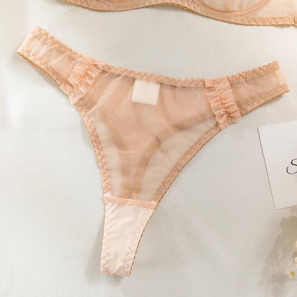 Sexy Perspective Mesh Ruffled Lace Woman Bra Set Hot Sale Solid Color 2 Pieces Lingerie