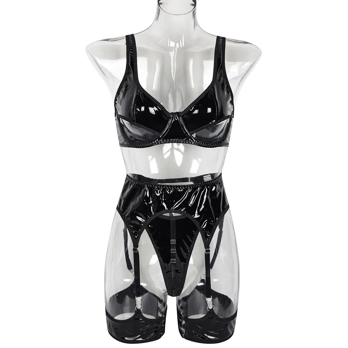 Hot-Selling Erotic Garter Belt Woman Bra Set Sexy Hollow out See-Through PU Lingerie