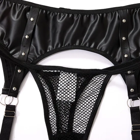 Sexy PU Leather Perspective Plus Size Bra Set New Fishnet Net Woman Lingerie