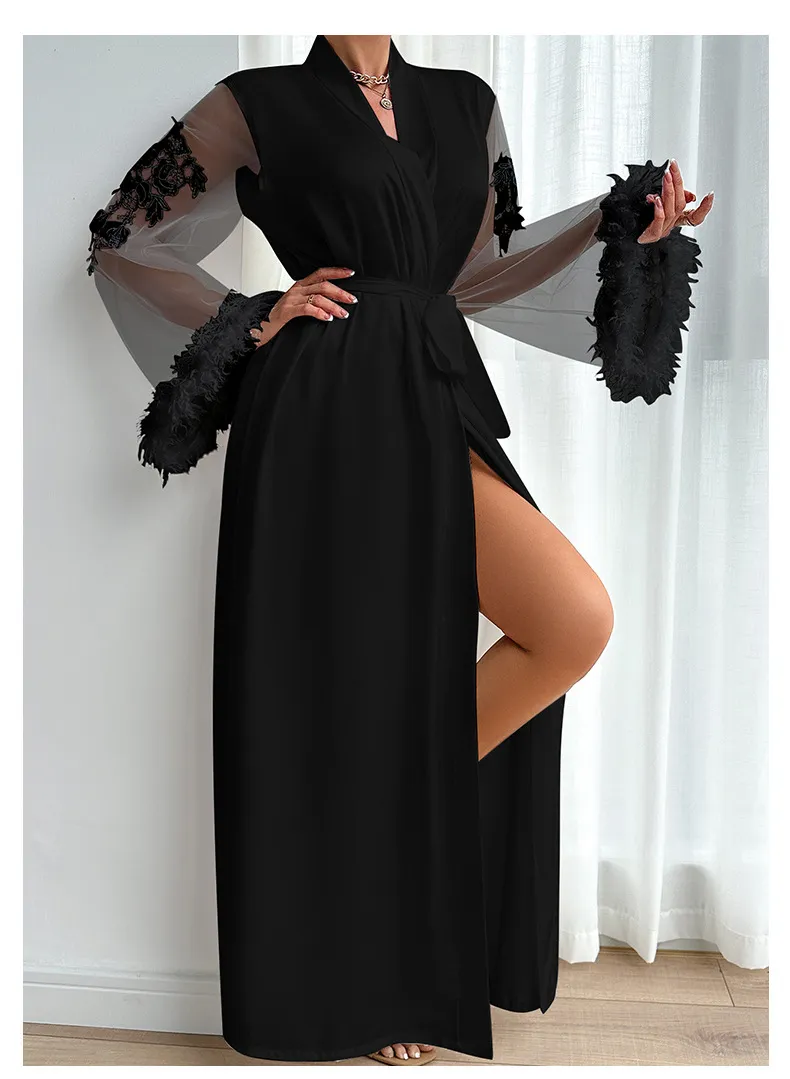 Wholesale Satin Woman Sleepwear Sexy See-Through Mesh Feather Lace Cuff Robe